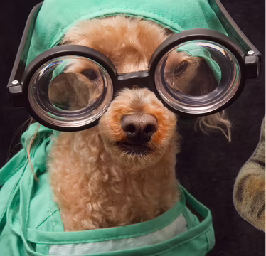 Pudel mit OP Kleidung und Brille auf der Nase