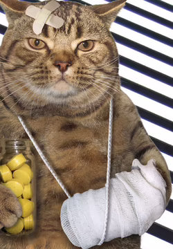 Katze mit Verband an Vorderpfote, Tablettenglas und Pfaster am Kopf