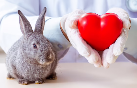 Detailaufnahme Hase und Arzthände mit rotem Herz
